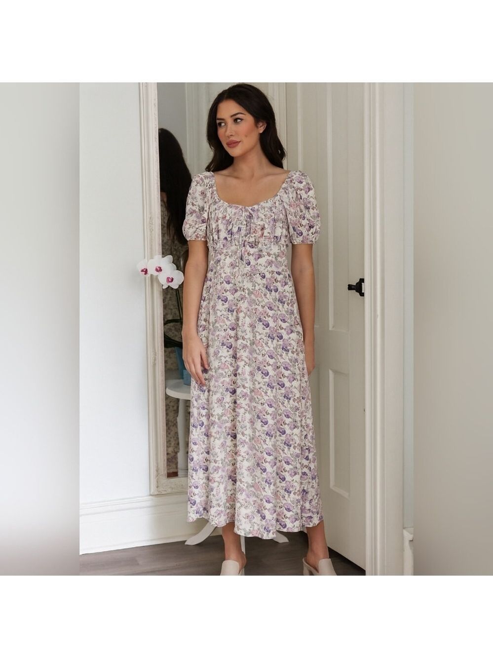 Ditzyfloral Cottagecore Midi/Maxi Peasant Romantic Style Dress Lilac Flowers XL+